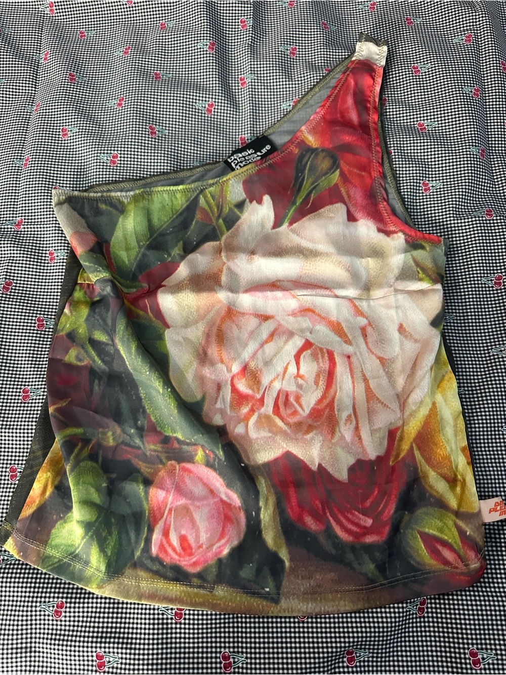 One-Shoulder Rose Print Tank Top in Multicolor by Pinko